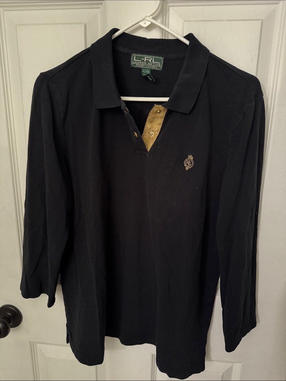 Vintage Ralph Lauren Black 3/4 Sleeve Polo with Gold Placket